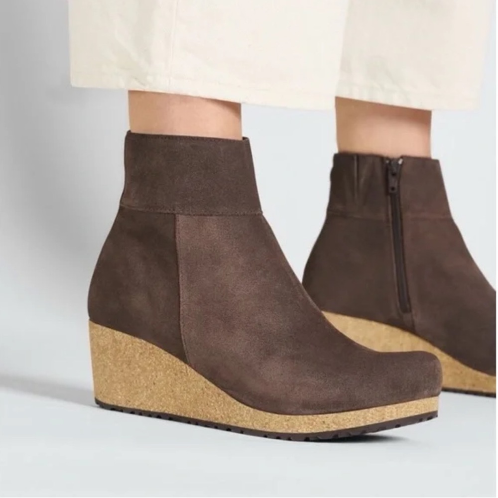 NWOT Papillio Birkenstock Ebba Brown Suede Leather Wedge Ankle Boot Sz 7 7.5 38